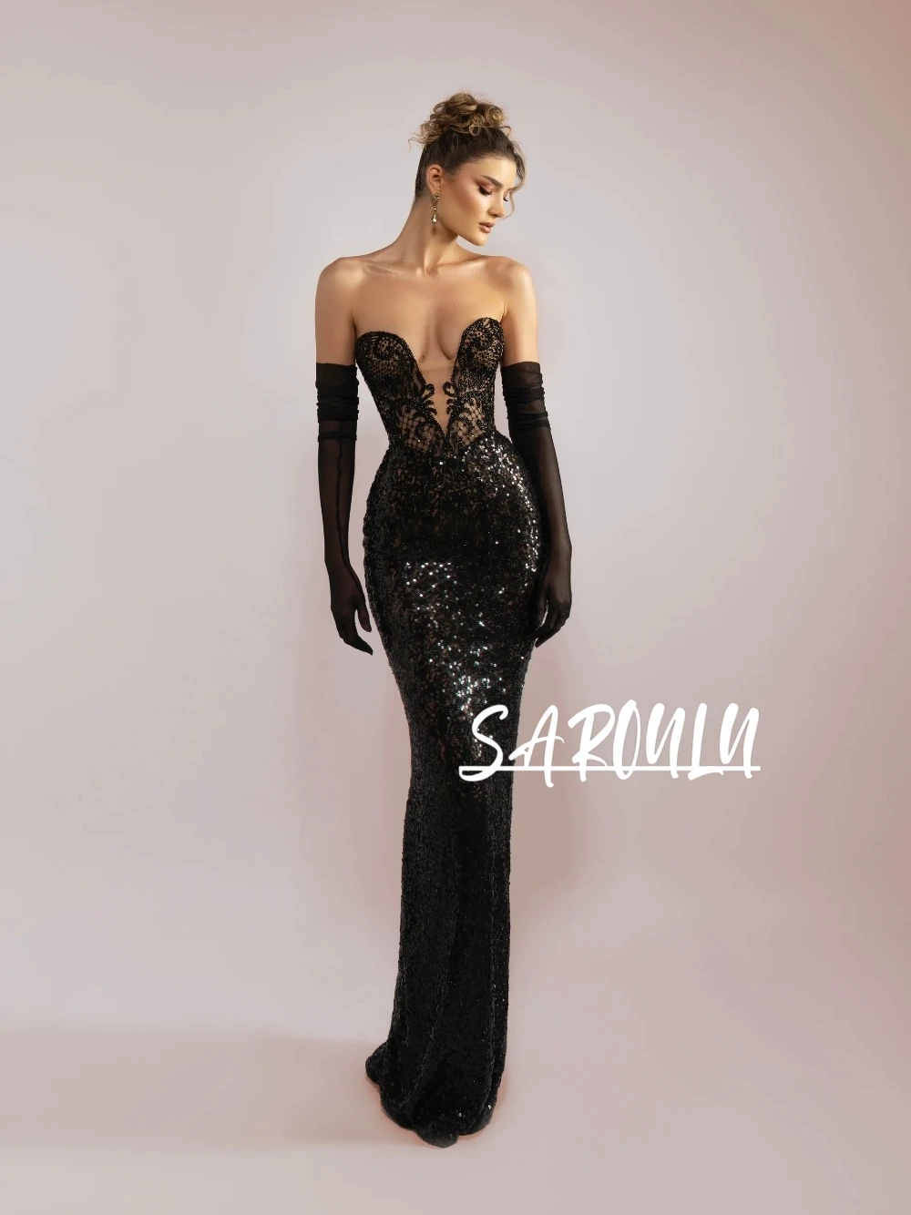 

Luxury Black Sequin Embellished Prom Gown Sexy Deep V Neck Sheer Lace Dazzling Bodycon Evening Dress Beaded Formal Party Wear