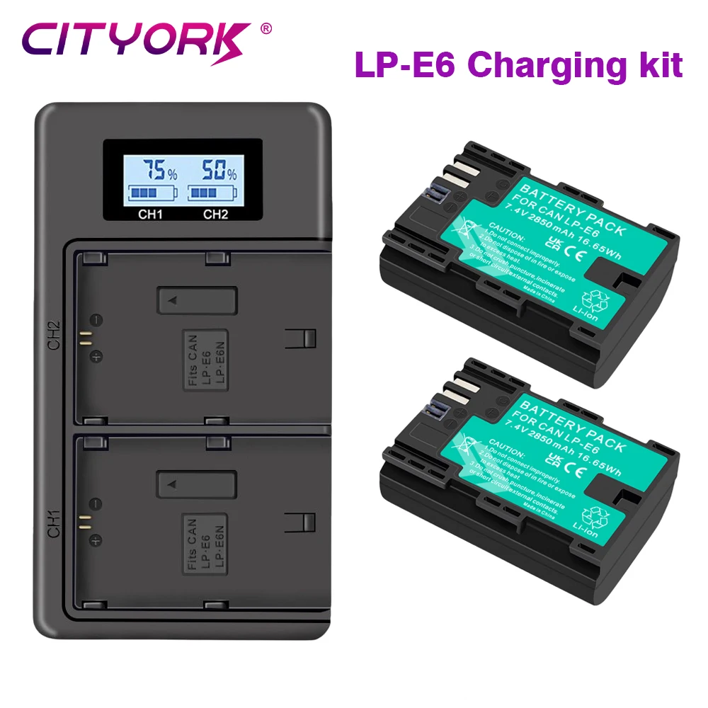 CITYORK 2850mAh LP E6 LPE6 LP-E6 E6N Battery + LED Dual Charger For Canon EOS 5DS R 5D Mark II 5D Mark III 6D 7D 70D 80D Camera