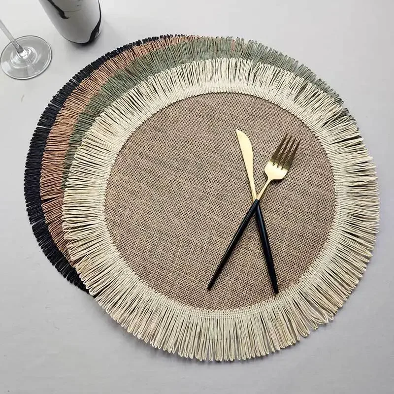 1pc Jute Placemat Linen Ins Wind Simple Fringe Christmas Round Table Mat Environmental Protection Heat Insulation Non-slip Mat