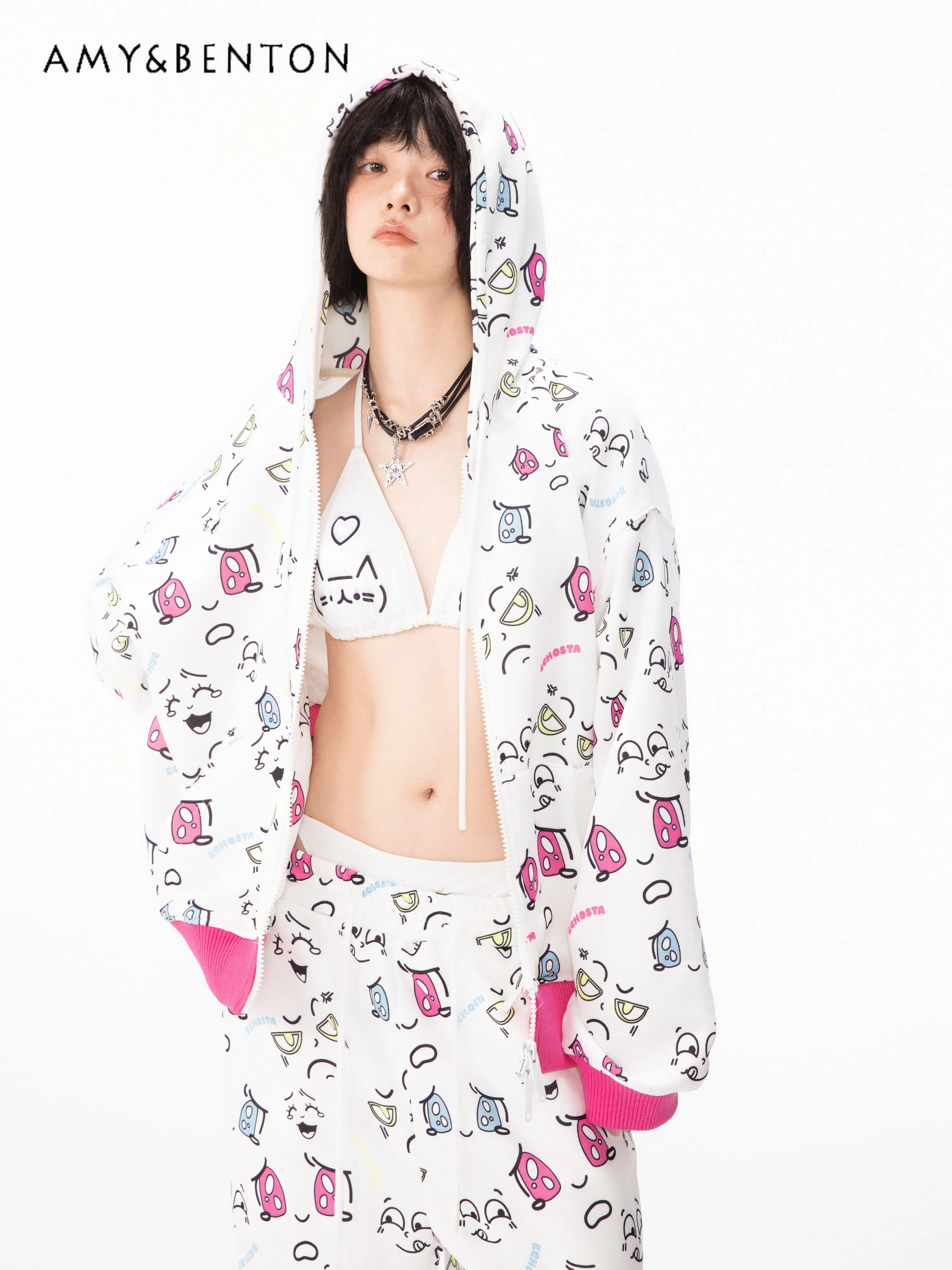 Japanese Kaomoji Full Print Cute Casual Hooded Sweater Two-piece Set Spring New Cute Oversized Hoodies Jogger Pants Y2K Outfits