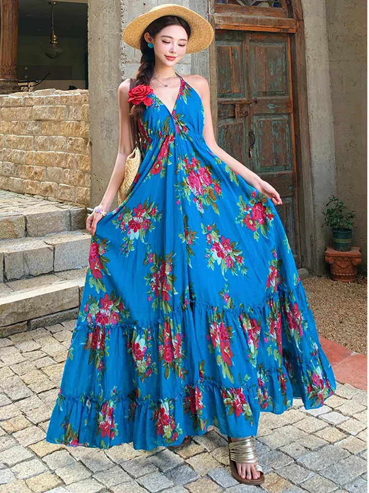 패션 여름 여성 Boho 블루 꽃 맥시 드레스 섹시한 오프 어깨 Backless 여성 v-목 캐주얼 파티 비치 드레스 가운