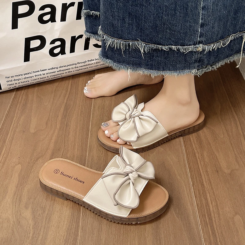 

Women's Bowknot Decor Slide Sandals, Casual Open Toe Flat Summer Shoes, Lightweight Slide Sandals