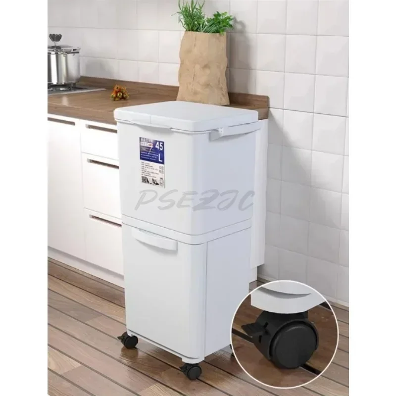 Kitchen Mobile Garbage Bin with Large Capacity Dry Wet Separation Double-layer Classification Large Household Use