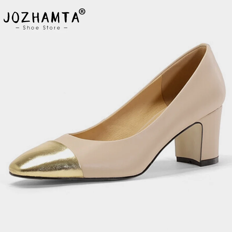 JOZHAMTA Women Pumps Real Leather Metal Square Tor Chunky High Heels Shoes Ins Fashion Spring Office Daily Dress Size 34-39