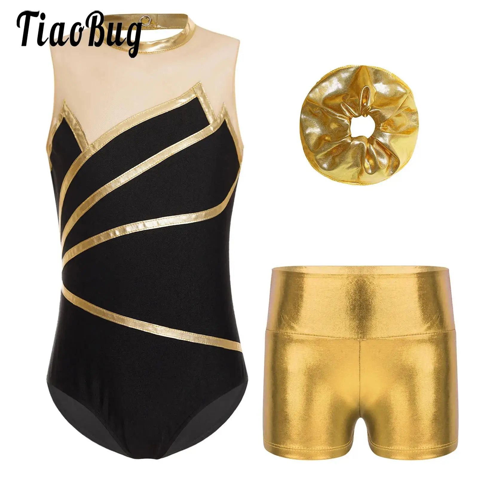 

Kids Girls Dance Gymnastic Leotard Sport Set Sleeveless Rhinestone Dance Leotard and Shorts Body Bodysuit Figure Skating Costume