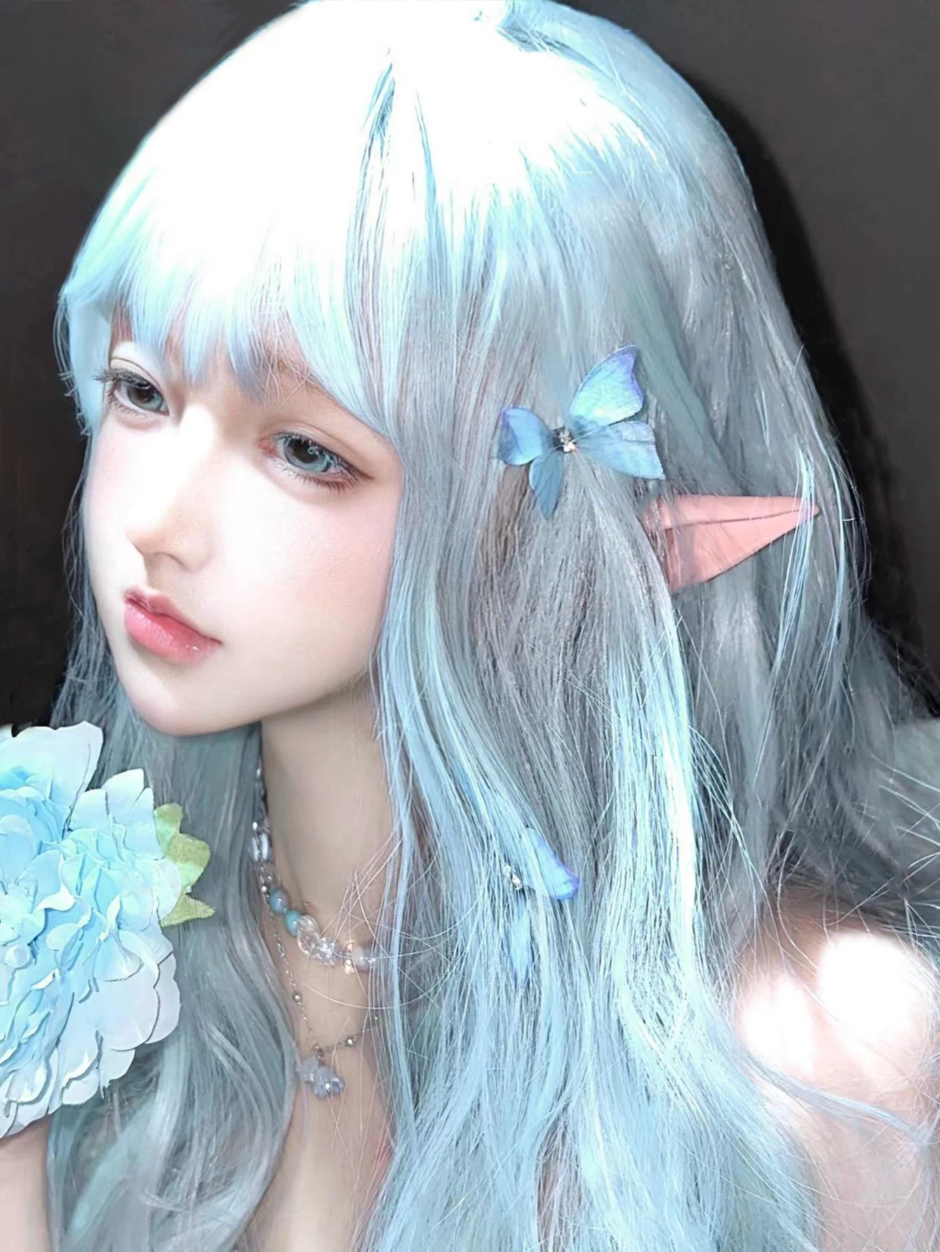 24Inch Sky Blue Lolita Spirit Style Synthetic Wigs With Bang Long Natural Wavy Hair Wig For Women Daily Cosplay Heat Resistant