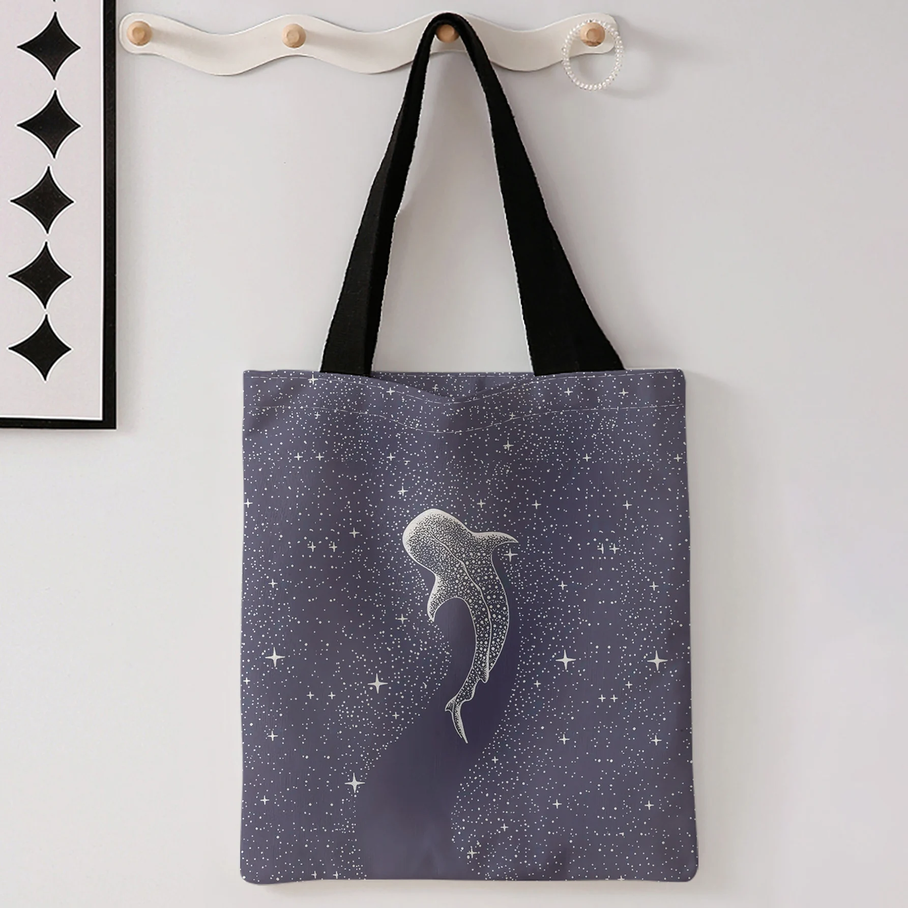 Starry Whale Shark Print Tote Bag Large Capacity Shoulder Bag For Shopping Travel Daily Use