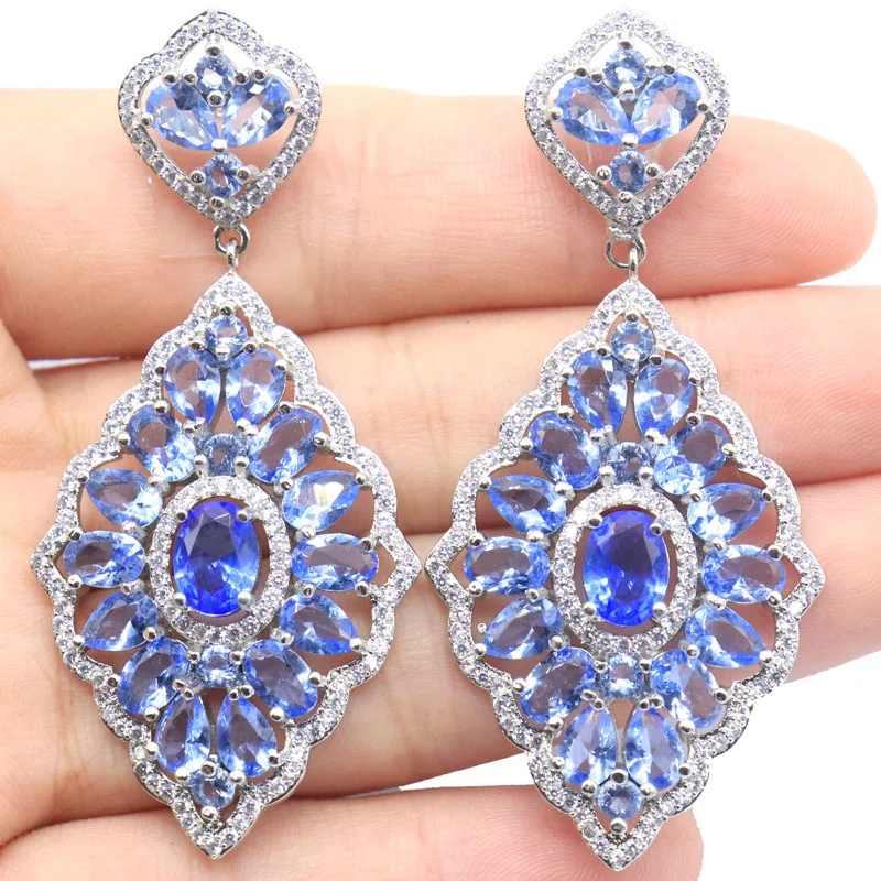 

60x28mm Big 16.3g Rich Blue Violet Tanzanite Red Blood Ruby CZ Silver Earrings Fine Jewelry Daily Wear