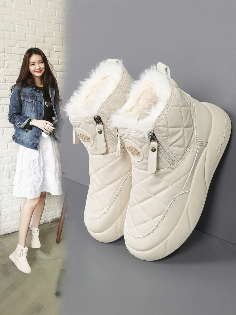 

Anti-Slip Fur Lined Leather Snow Boots Women's Casual Cotton oes Waterproof Winter Outdoor Wear Large Size 4 to 42 Boots