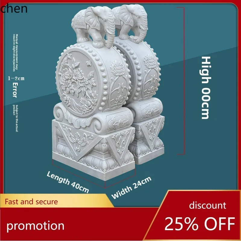 

HT Stone Carving Door Pillars Pair of White Jade Elephant Stone Drum Antique Blue Stone Pixiu Lion Doorway Ornaments
