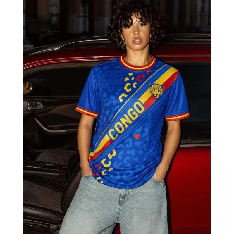 Summer Congo Leopard Print Diagonal Tri-Color Stripe Soccer Jersey Oversized Quick Dry Breathable Tee for African Fan Streetwear
