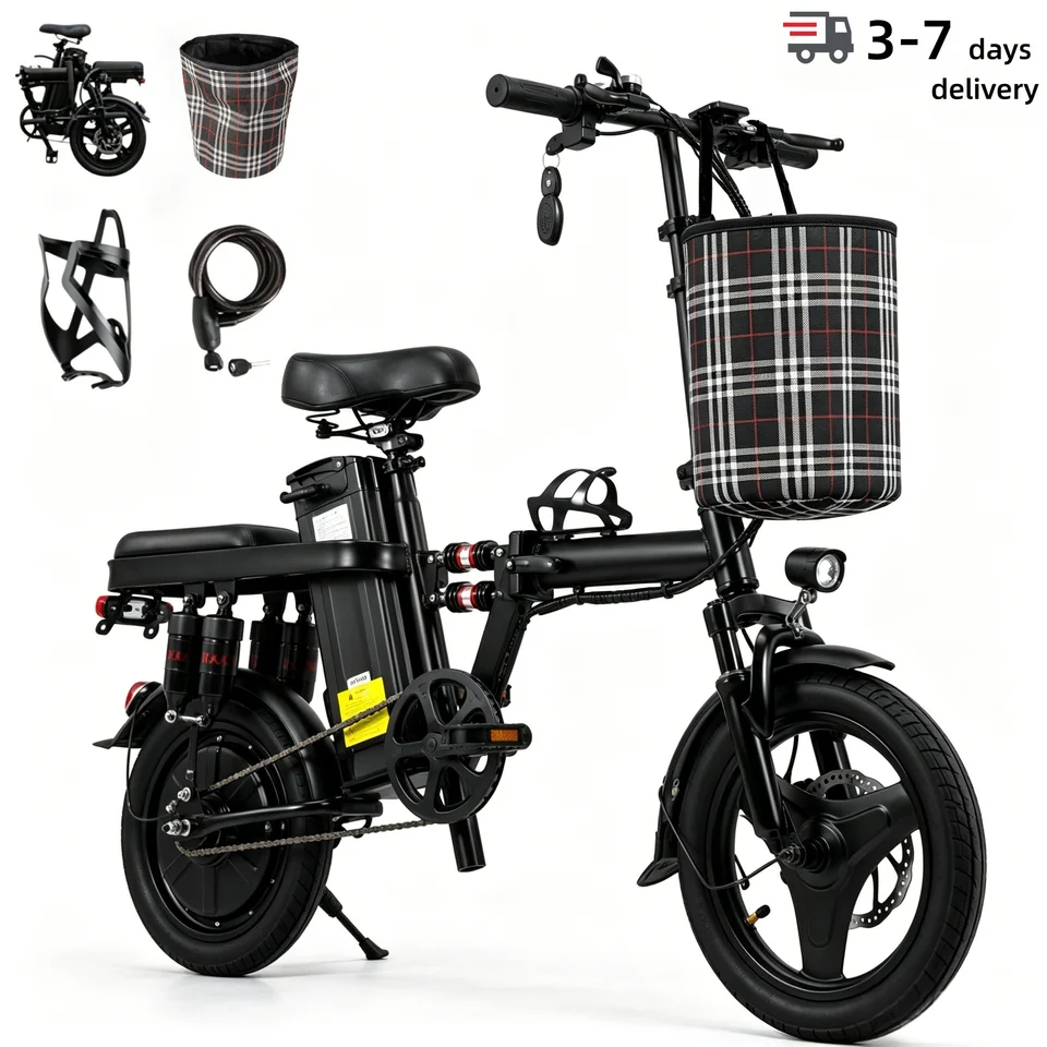 Foldable electric bicycle for adults, equipped with 14-inch tires, featuring 8 shock absorbers, a 500W motor power, a 48V 15Ah c