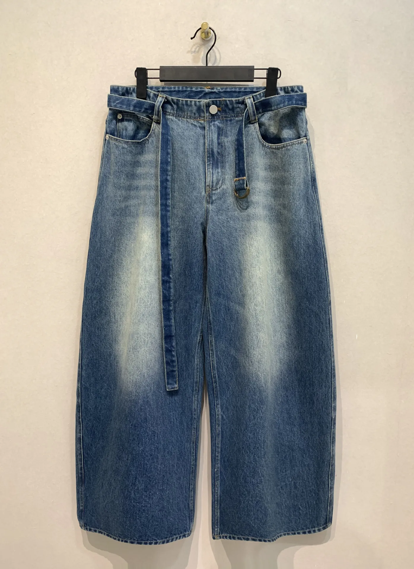 

Kuzuwata New Simple Stereoscopic Profile Denim Pant Casual Loose All-match Straight Slim Mid-length Trousers Japan Belt Joggers