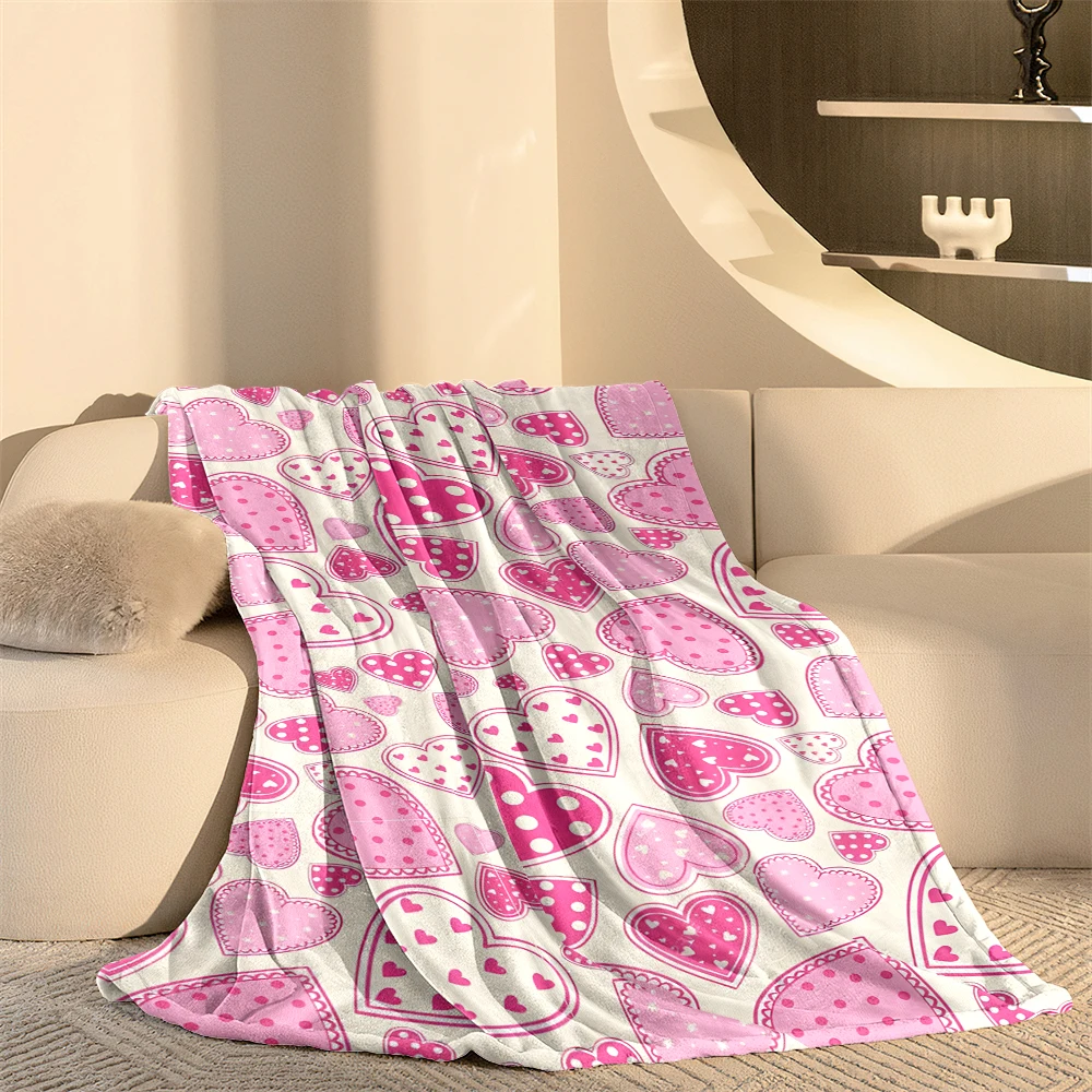 Pink Hearts Doodle Cream Flannel Blanket Warm Soft Halloween Christmas Decorative Couch Warm Cozy All-Season Gift
