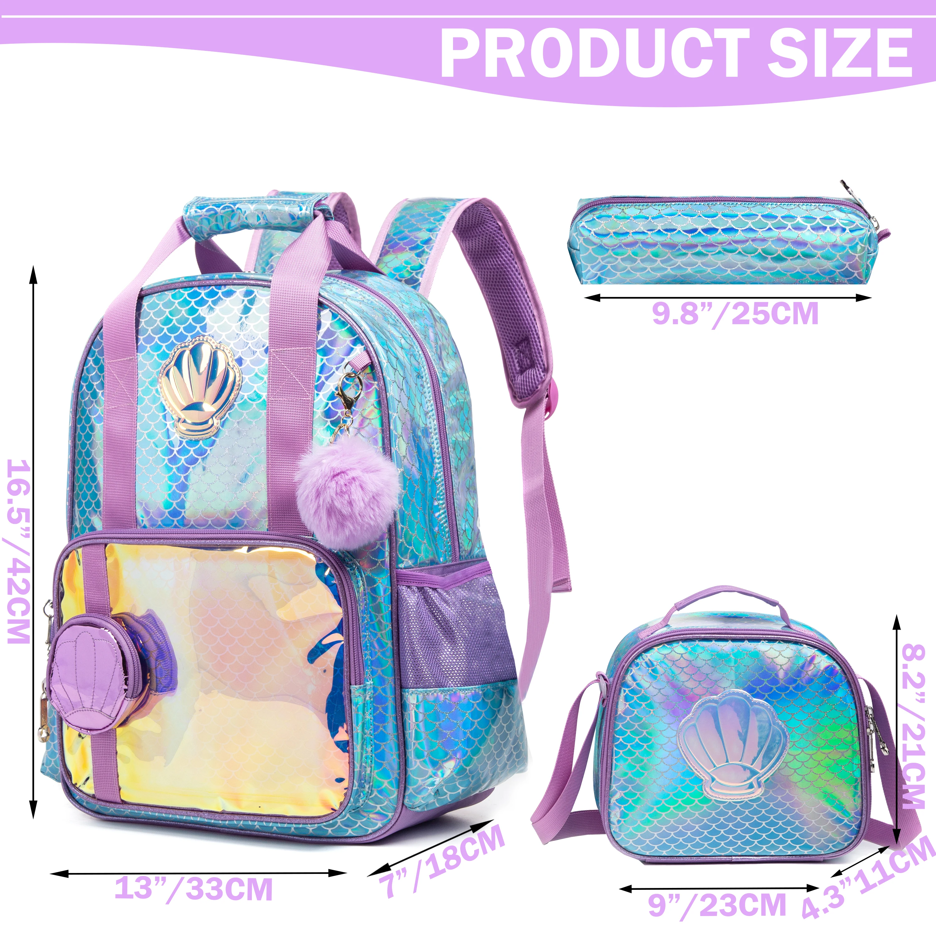 Mochila de sirena para niñas, juego de fiambrera para adolescentes grandes, de 17 pulgadas Bolsa Escolar, tamaño completo para estudiantes de primaria