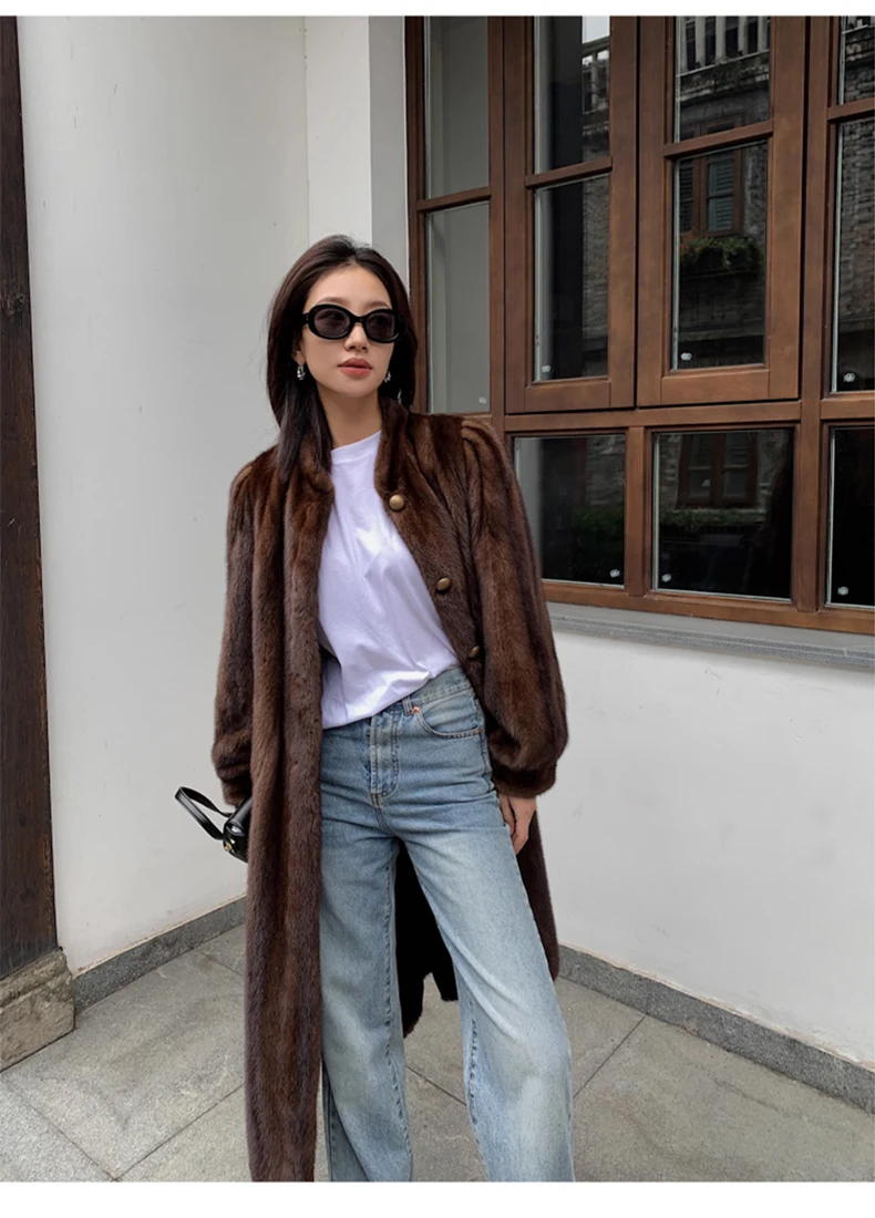 Lautaro Winter Long Brown Thick Warm Soft Faux Mink Fur Coat Women Puff Sleeve Elegant Luxury Chic Fluffy Furry Overcoat 2023