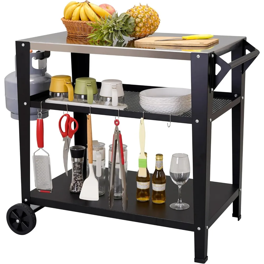 

Stainless Steel Outdoor Grill Cart with Wheels, Heavy-Duty 3-Tier BBQ Prep Table for Pizza Oven, Griddle, Patio – Rustproof Comm