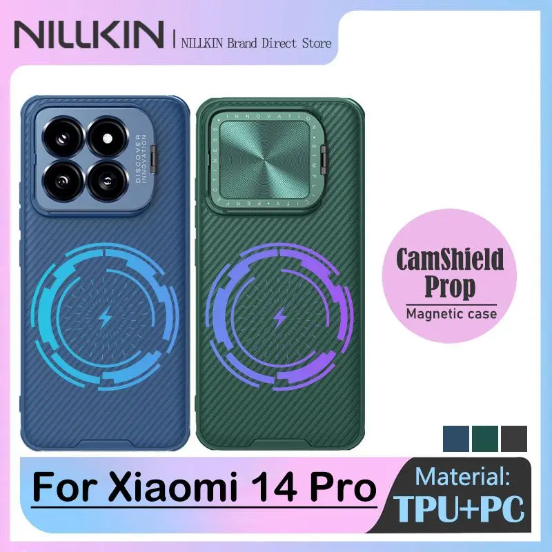 NILLKIN Magnetic Case for Xiaomi 14 Pro, Slide Camera Protector with Stand, Flip Style Lens Protection, MagSafe Cover for Mi 14