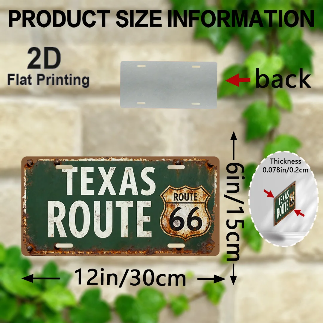 A Vintage-Style 2D Flat Sign Representing Texas Route 66, Measuring 6 Inches by 12 Inches, Made of Aluminum. It Showcases