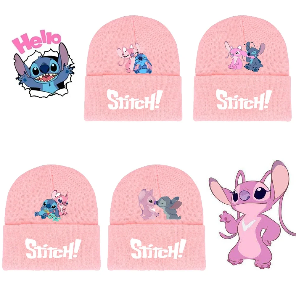 Cartoon Stitch Knitted Hat Cute Angel Stitch Printed Winter Warm Beanies Cap Unisex Outdoor Embroidery Bonnet Christmas Gift