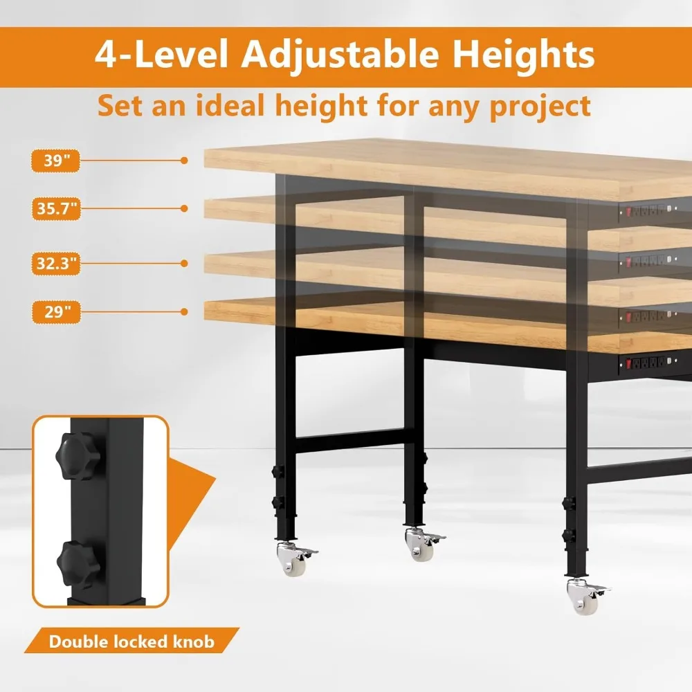 منضدة عمل من الخشب الصلب شديدة التحمل مع ارتفاع وعجلات قابلة للتعديل، سعة 2000 رطل، تتضمن منافذ الطاقة، القوة الصناعية #4