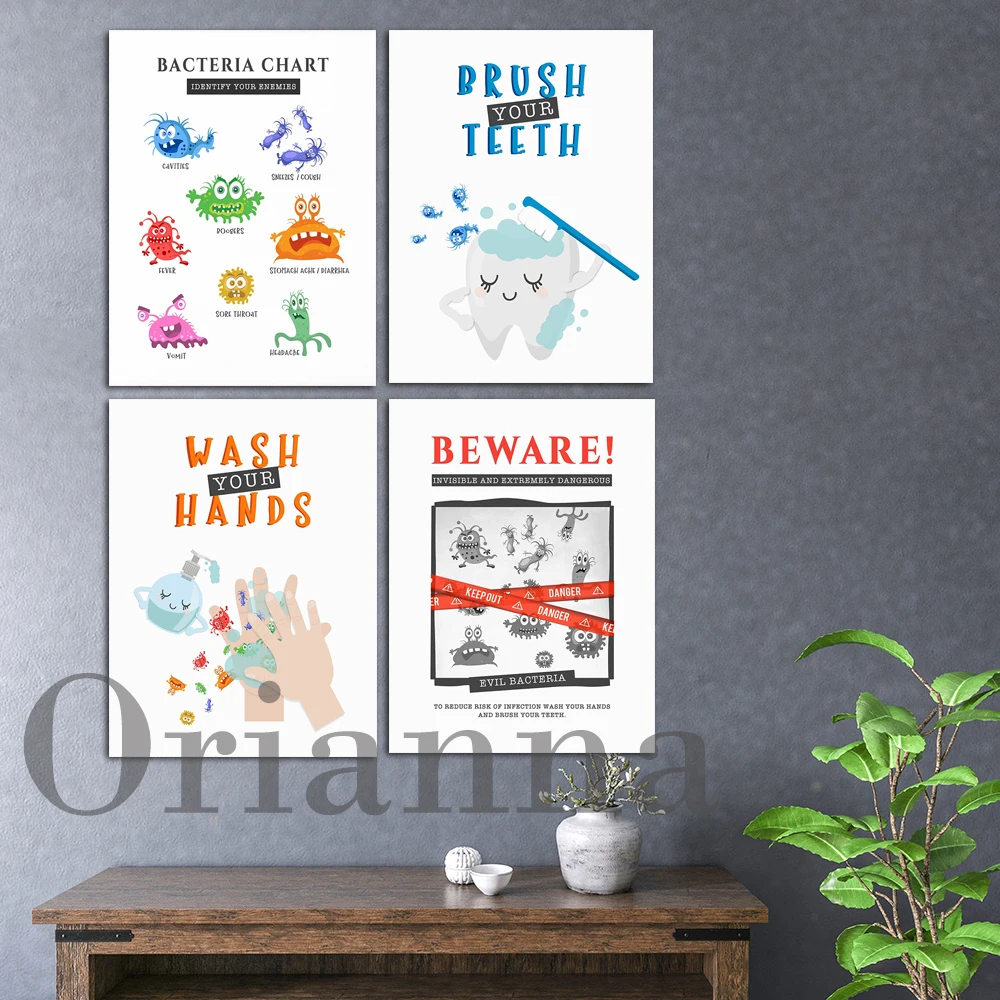 Bacteria Awareness For Kid Wash Brush Your Teeth Fun Educational Wall Art Canvas Prints Posters Bathroom Toilet Decor Painting