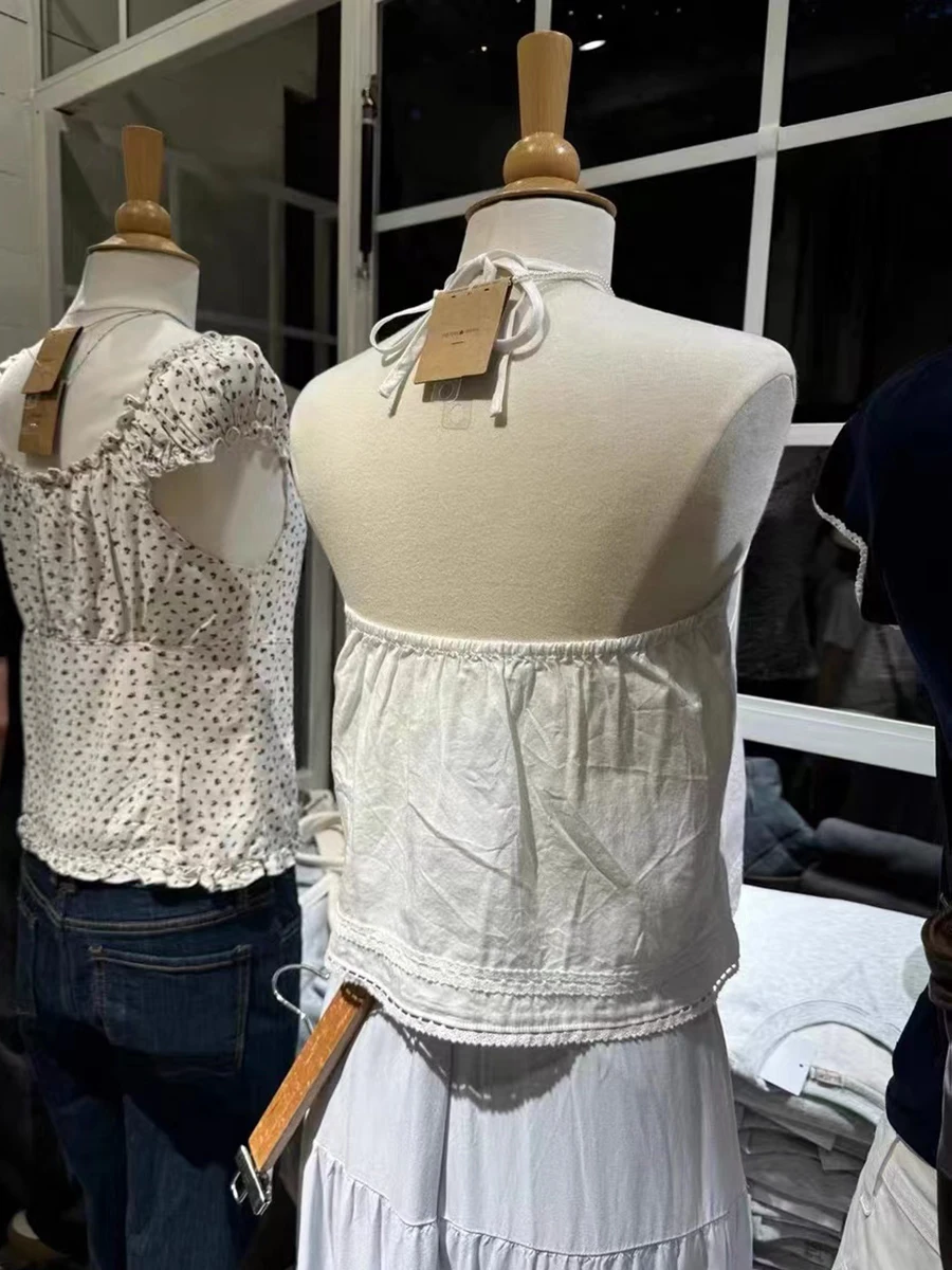 Süße weiße Spitze träger lose Tanktops Frauen sexy rücken freie Baumwolle Knöpfe Neck holder Leibchen solide Vintage niedlichen Sommer Ernte Top y2k