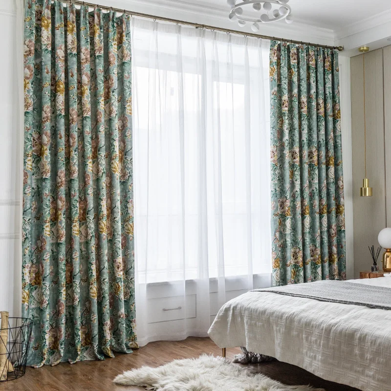 Vintage Botanical Floral Drapes, Pinch Pleat Sage Green Room Darkening Curtains with Sheer Voile, Blackout Window Panels Bedroom