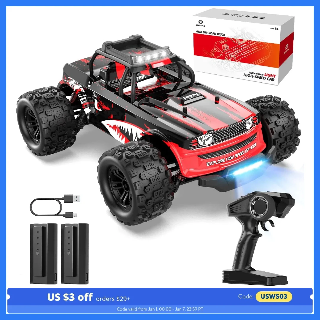 DEERC 1:14 4WD Monster Truck: 40 km/h, LED, 2 Batts, 40 Min. Betrieb, 2,4 GHz, All-Terrain,
