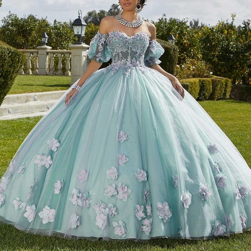 

2024 Gorgeous Light Green Ball Gowns Off The Shoulder 3D-Floral Lace Beads Tulle 15 Girl Women Quinceanera Prom Dresses