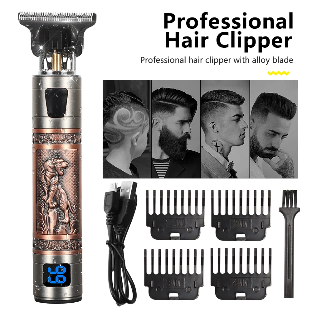 

Electric Hair Clipper Professional Men's Hair Clipper LCD Display T-Blade Trimmer Zero Gap Cordless Rechargeable Men's Trimmer