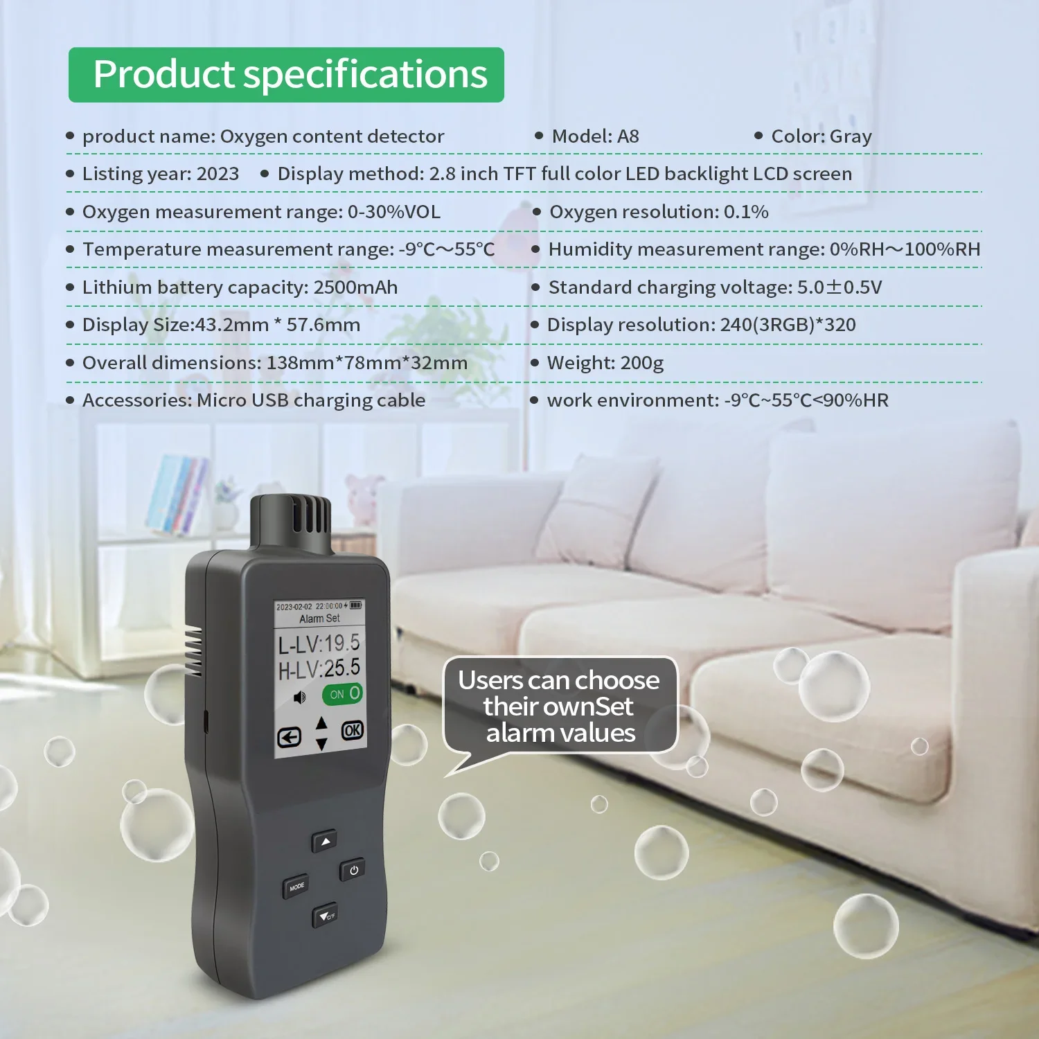 A8 Handheld Oxygen Concentration Detector Content Monitor Oxygen Detector Oxygen Test Exceeds Alarms