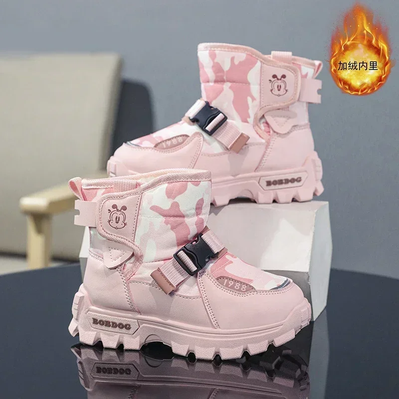 Botas de nieve cálidas de felpa para niños, botas altas antideslizantes informales para exteriores, botas de algodón para niños y niñas, zapatos resistentes al desgaste para niños