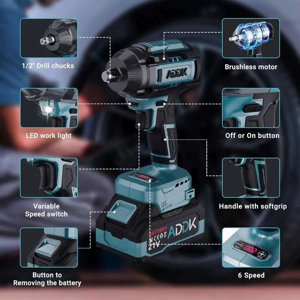 مجموعة مفاتيح ربط لاسلكية ذات عزم دوران عالي مع بطارية 4.0 أمبير في الساعة، مسدس كهربائي بدون فرش مقاس 1/2 بوصة للتطبيقات الثقيلة #3