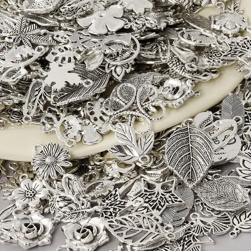 50pcs Mixed Metal Flower Vintage Silver Color Leaf Earring Charms Pendant Diy Floating Charms For Jewelry Making Craft Supplies