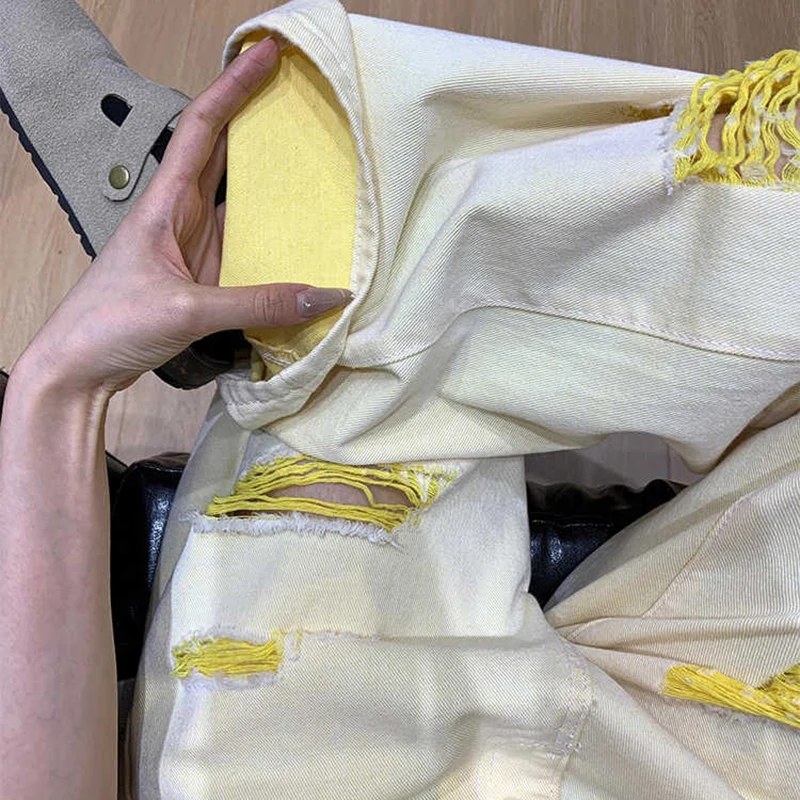 Vrouwen geel gat denim broek 2025, zomer nieuwe hoge taille rechte wijde pijpen jeans high street oversized jeans vrouwelijk