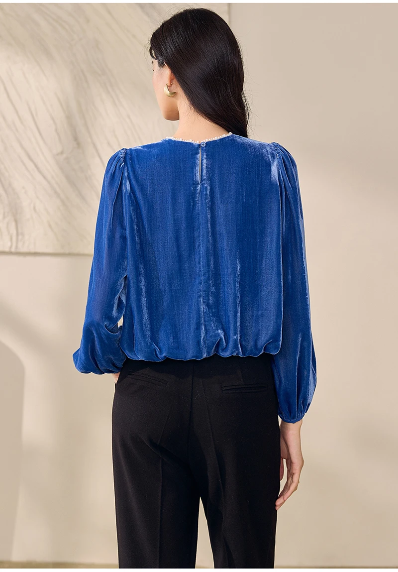 Natural Silk Velvet Women's T-shirt Pearl Trim Collar and Puff Sleeves, Loose and Oversized Vintage-style Oversized Top Women