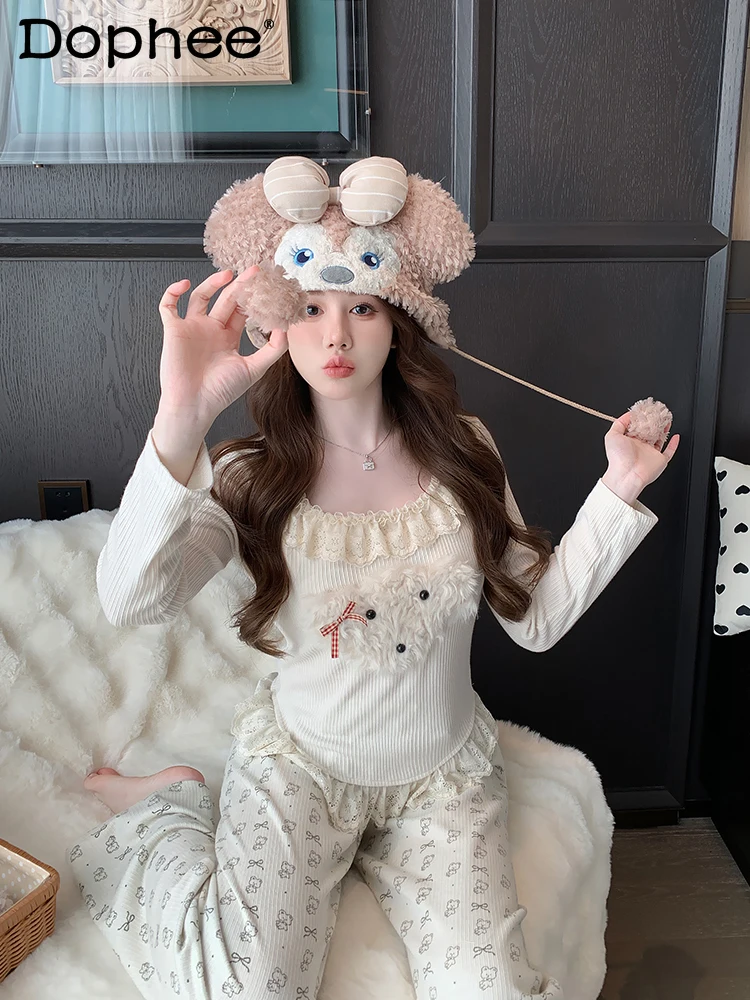 

2025 New Lace Cartoon Puppy Modal Cotton Round Neck Long-sleeved Pajamas Autumn Warm Outdoor Loungewear Women