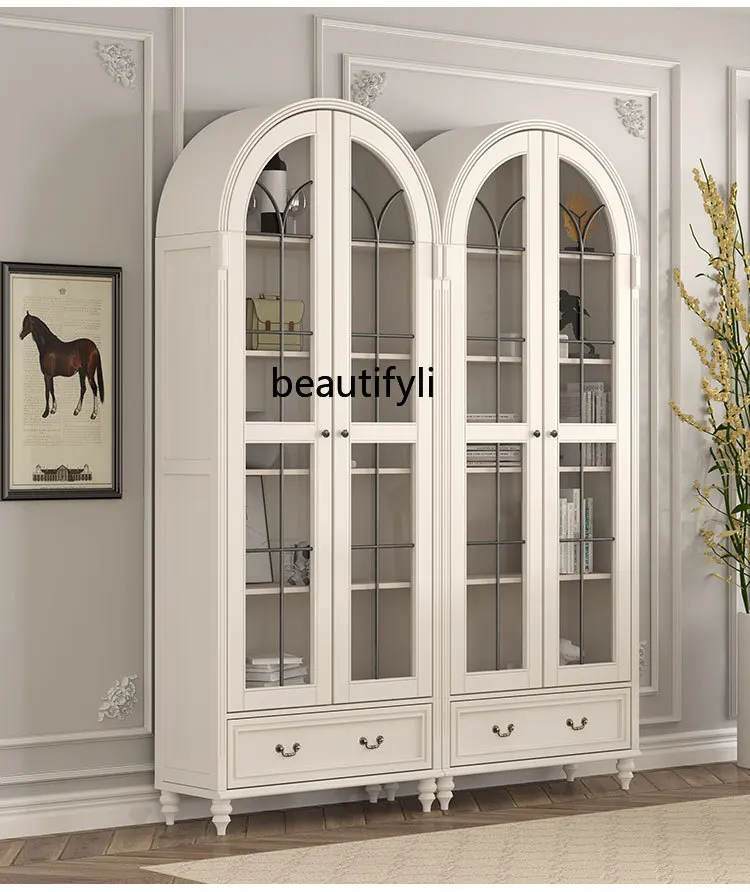 

Solid Wood American Arch French Style Retro Glass Door with Door Dustproof Bookcase Bookcase Wine Cabinet Storage Cabinet