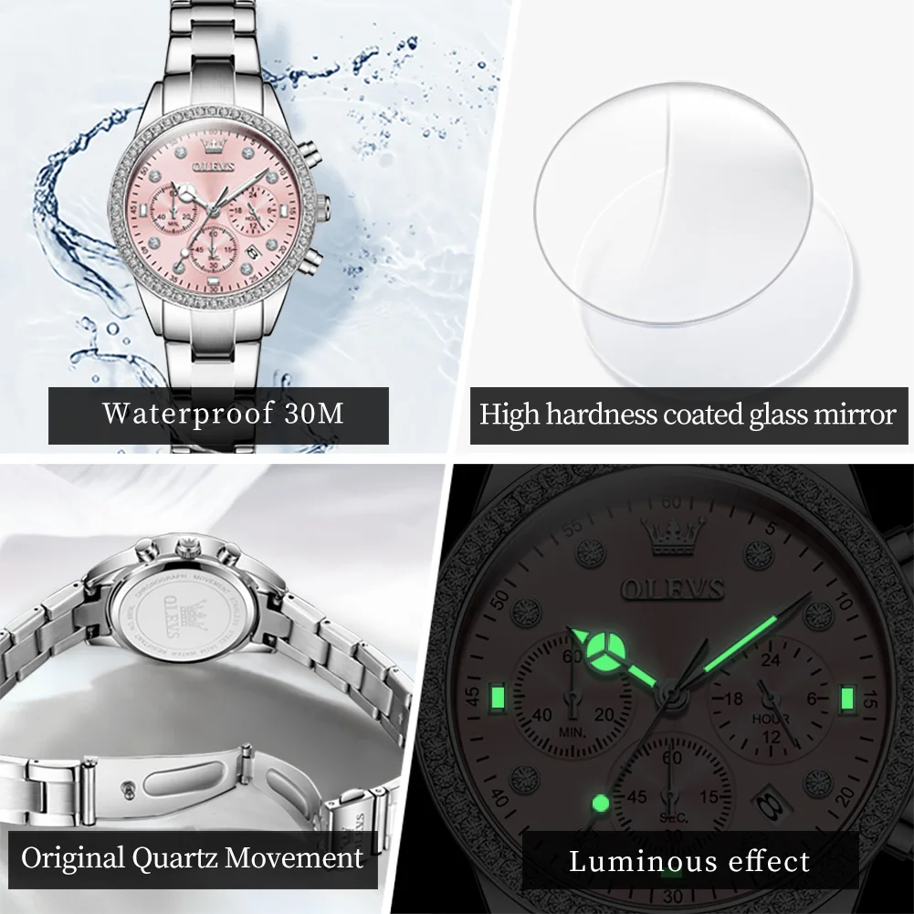 Olevs Marke Mode rosa Quarzuhr für Frauen Edelstahl wasserdicht leuchtenden Kalender Luxus Chronograph Uhren Damen