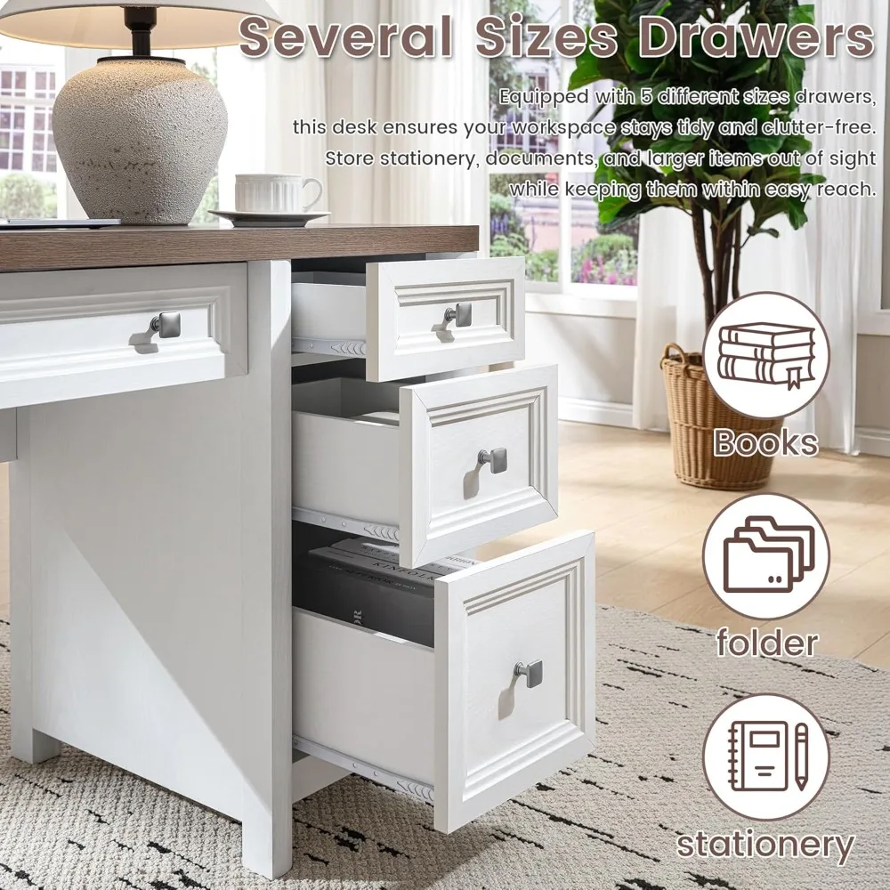 مكتب كمبيوتر المزرعة "58" - 5 أدراج وخزانة، رف ريفي قابل للتعديل لغرفة الدراسة" #4