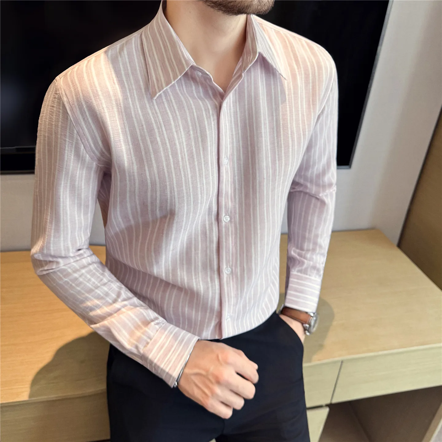 

Men's Social Shirts Autumn Anti-Wrinkle Long Sleeve Men Striped Shirt Dress Slim Fit Business Casual Formal Wear Blouse Homme