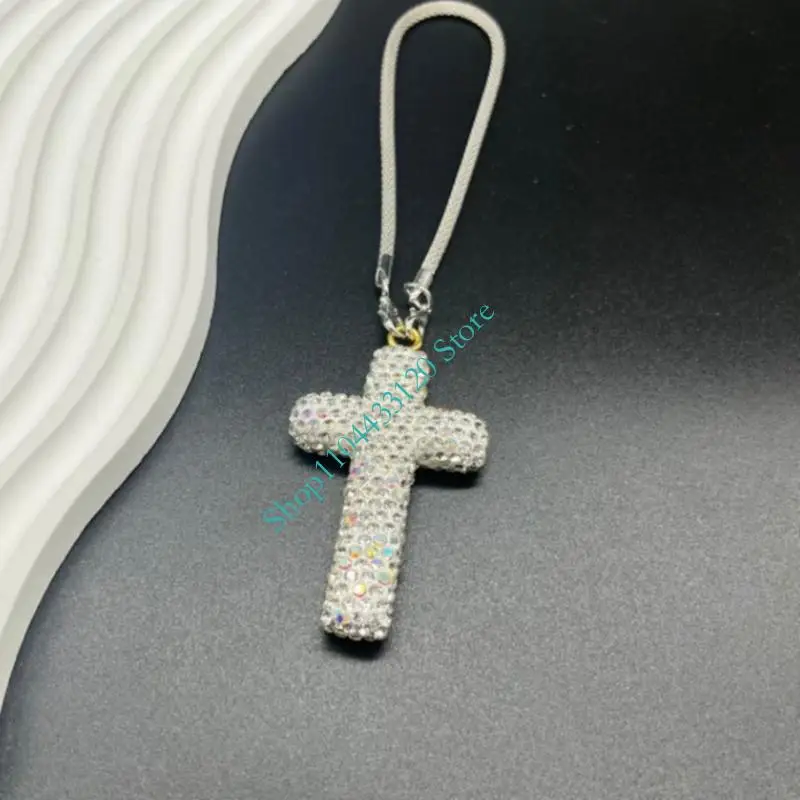 Elegant Rhinestones Crucifix Car Rearview Mirror Ornament Make Of Clay For Vehicle Interior Decoration Hanging Pendant
