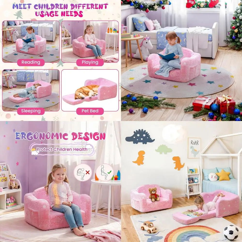 

Rainbow Unicorn Toddler Sofa: Foldable Playroom Lounger, Glow-in-the-Dark Floor Bed for Kids