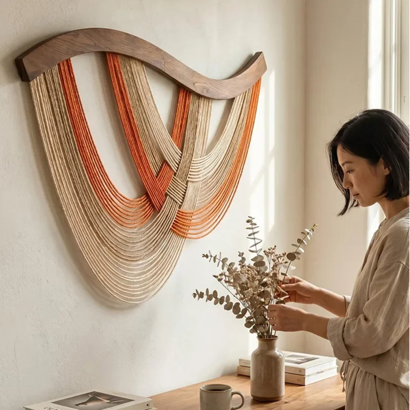 Macrame Tapestry Wall Hanging Woven Wooden Rod Blue White Boho Nordic Wall Art Bedroom Living Room Decoration Home Decor