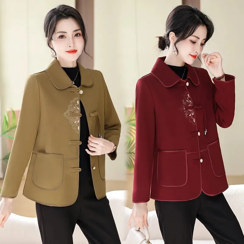 High-end Mom Women's Short Coat 2024 Spring New Female New Chinese Embroidered Long-sleeved Jacket Cover The Belly Slim Overcoat