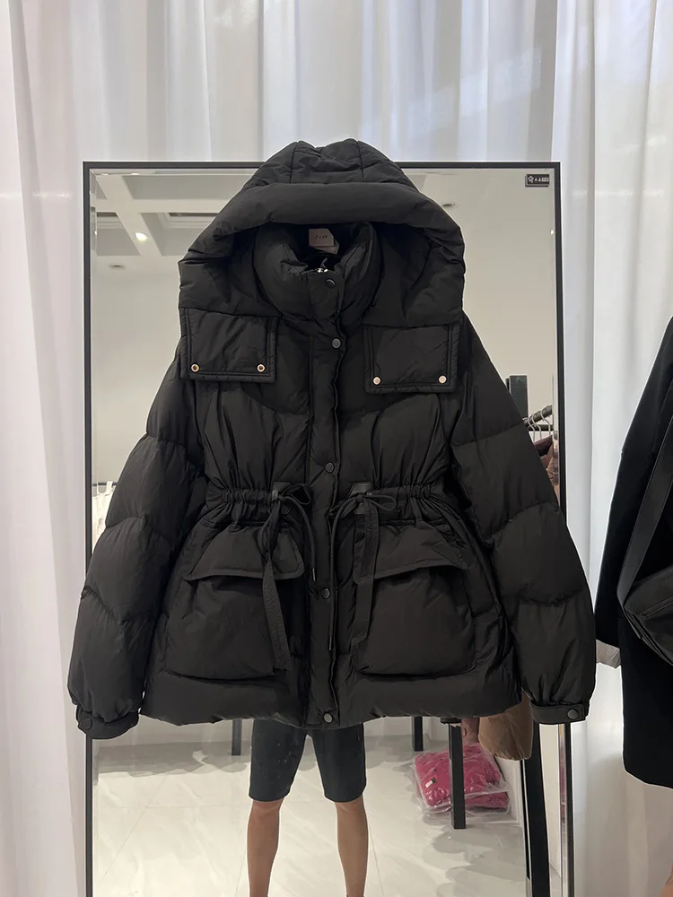 韓国風ファッション フード付き ウエストシェイプ スリム ビッグポケット ホワイトダックダウンジャケット レディース トレンド新作ダウンジャケット