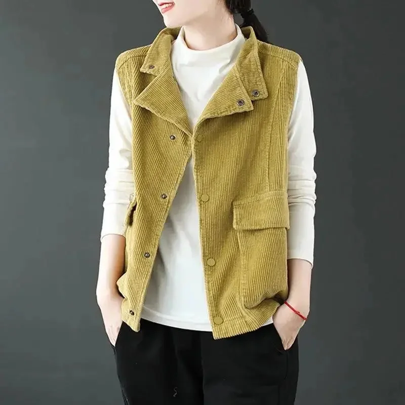 Spring Autumn Female Stand Collar Double-deck Vest Coat Women Corduroy Sleeveless Jacket Ladies Loose Fit Velvet Waistcoat Tops