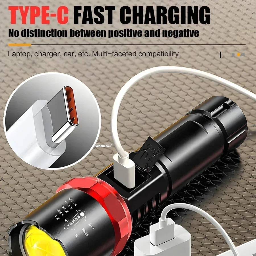 High Strong Power Led Flashlights Tactical Torch with Display Light USB Charging Camping Fishing Emergency Zoom Lantern