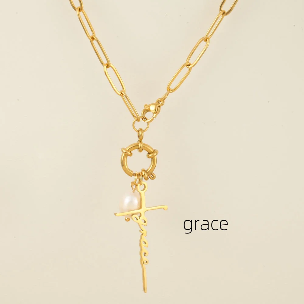 Golden Choker Women Pendant Necklace Spring Buckle Chain Freshwater Pearl Cross Pendants Women\'s Stainless Steel Jewelry Gifts